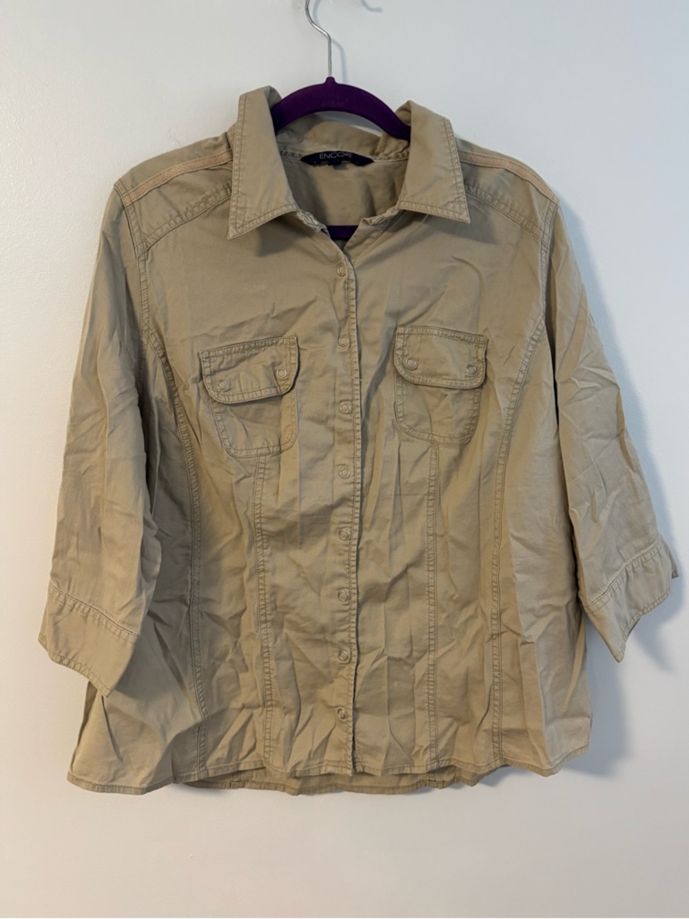 Encore Cotton Button Down 3/4 long sleeve cargo tan utility top Shirt Size 14